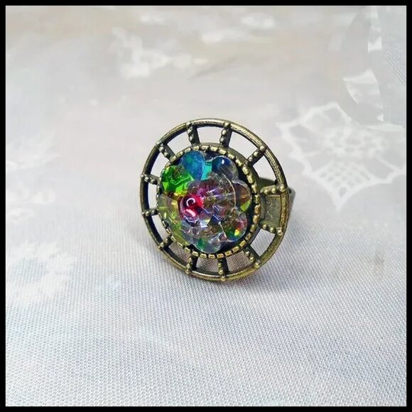 Rainbow Ring, Vintage Glass Stone - Special One of a Kind - Picture 2 of 12